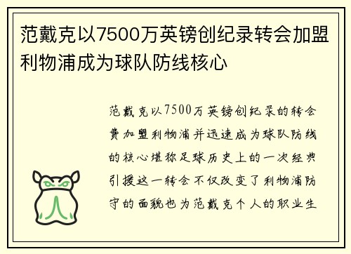 范戴克以7500万英镑创纪录转会加盟利物浦成为球队防线核心
